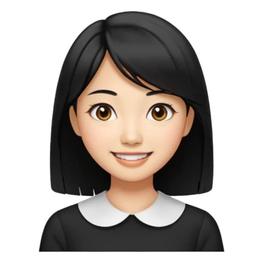 30 yr old asian woman center parted hair big eyes big smile tanned skin straight black hair hippie part hair white blouse shoulder length hair middle parted hair few short bangs at front sticker