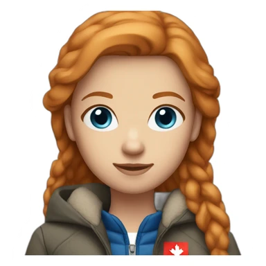 Straight ginger hair and blue eyes woman with a Canadian jacket sticker