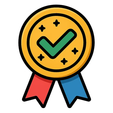 vector icon of a trusted product with gold and colorful elements, elegant and minimalist flat design, award badge style, 2D flat vector, trending icon look, soft shadows, no text, isolated on white background, perfect for commercial use sticker