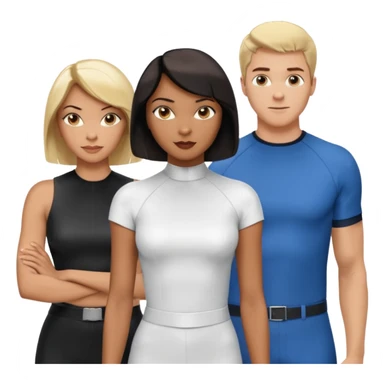 3 Friends standing side by side, charlie's angels style: 1 black woman with a short flat pressed bob, 1 hispanic man with a thin nose and long hair, and 1 white guy with blue eyes and a short brown-blonde haircut sticker