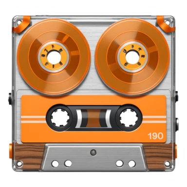 3D render of Cassette Tape, vintage 1980s audio equipment aesthetic, tactile analog buttons, transparent clear plastic with orange ribbon reels inside, mixed wood grain and brushed aluminum textures, Apple emoji style, isolated on white background --v 6.0 sticker
