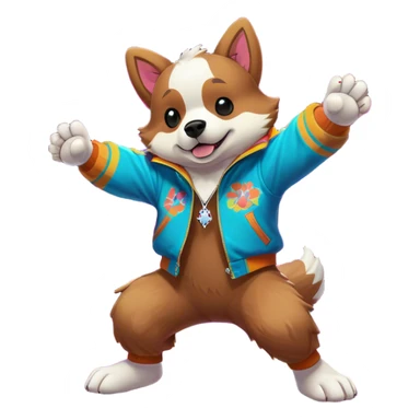 "A cartoon-style arcade dog performing a breakdance move. The dog has a playful and energetic expression, wearing a retro arcade-themed jacket with neon details. Its paws are mid-spin, with motion lines emphasizing movement. The background features a subtle pixel-art arcade floor, adding to the retro gaming aesthetic. The overall style is fun, dynamic, and full of energy. sticker