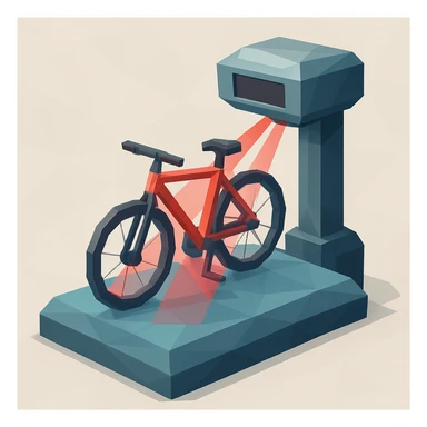 3D polygonal illustration of a bike scanner, showing a bicycle on a platform with scanning lasers and geometric shapes sticker