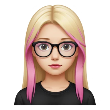 Teenage girl taking a selfie in a school bathroom. Long straight blonde hair with pink dye, rectangular glasses, black shirt, neutral expression with slightly glossy lips sticker