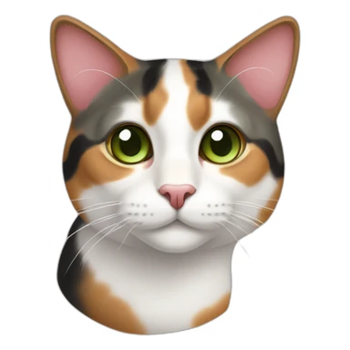 young striped calico cat face with a pink nose, white chin, green eyes, and orange/brown markings sticker