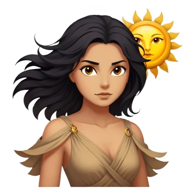 Cinematic Stunning Pocahontas Portrait Emoji, Windswept raven hair flowing behind her, deep brown eyes filled with wisdom and strength, glowing sun-kissed skin, wearing her elegant tan dress, the spirit of the wild in her expression, breathtakingly majestic! sticker