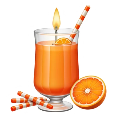 An orange grapefruit, with a horizontal red stripe around the middle. 4 vertical cocktail sticks in the orange with small pieces of candy on the sticks. On top of the orange a small white lit candle. The orange should be a piece of fruit not a drink.  sticker