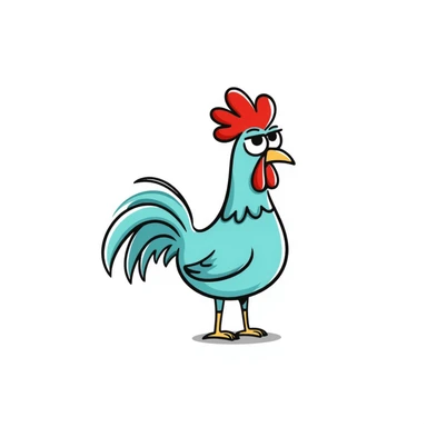 A silly cross-eyed rooster chicken with bright blue-green feathers, red comb, long neck, skinny legs, and confused expression sticker