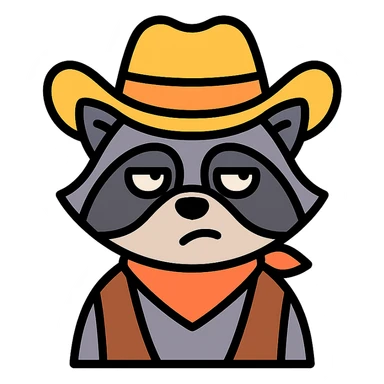 raccoon dressed as a cowboy, rolling his eyes, color outline icon sticker