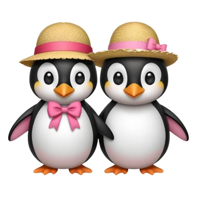 Allora fammi un emoji che rappresenta un pinguino con in testa un fiocco rosa che da la mano a un altro pinguino che in testa ha un cappello di paglia con al centro del cappello una striscia rossa sticker