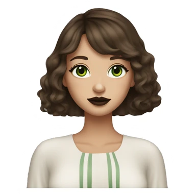 A beautiful women, with brown hair and curtain bangs, green eyes, dark feminine vibes and a little bit darker lipstick, showing her white nails  sticker