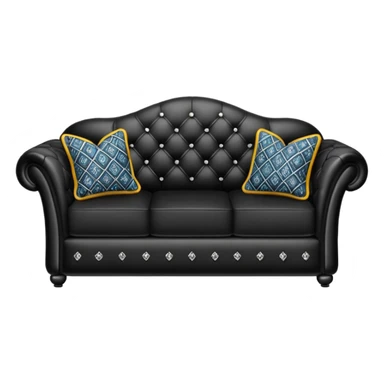 Hyperrealistic mirco-detailed, black leather Luxury couch, with two patterned print decorative pillows, in a trending now style. Sill life, no emoji icons, no emoji faces, no human figures, 8k sticker