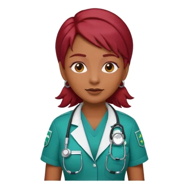 medium brown skin tone woman emoji with red burgundy hair in a paramedic outfit with a stethoscope around neck sticker