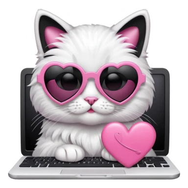 Black and white cat with pink ribbon and black cool sunglasses doing pink computer with pink heart sticker