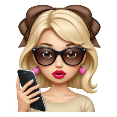 Girl with huge lips, sunglasses, bow on her hair, holding a phone with attitude sticker