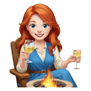 Laughing redhead with long hair and blue eyes holding white wine sitting in chair beside fire pit sticker
