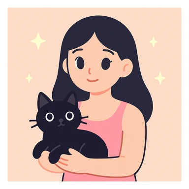 pretty woman with black hair and brown eyes, wearing a pink tank top, holding a black cat, friendly and appealing style sticker
