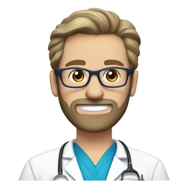 male dark blond haired doctor with grey van dyke beard with hazel eyes and small wire-rimmed glasses in blue scrubs holding a large paintbrush in one hand and a jigsaw in the other sticker