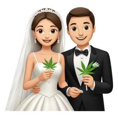 Bride in white dress and groom in tuxedo sharing a cannabis joint, cheerful cartoon wedding couple sticker