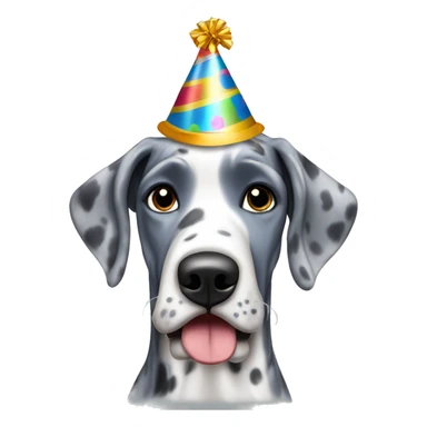 Blue Merle Great Dane wearing party hat sticker