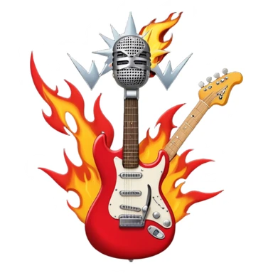 Create a bold and dynamic emoji representing rock vocal performance in a humanless collage. The design should feature a vintage microphone at the center, surrounded by key rock elements like an electric guitar, drumsticks, and a guitar pick. Include symbols of energy, such as lightning bolts or flames, and subtle musical notes or sound waves to evoke the raw power of rock vocals. Use dark, bold colors like black, silver, and red, with hints of chrome or metallic accents to convey the edgy, rebellious spirit of rock music. The background should be transparent. sticker