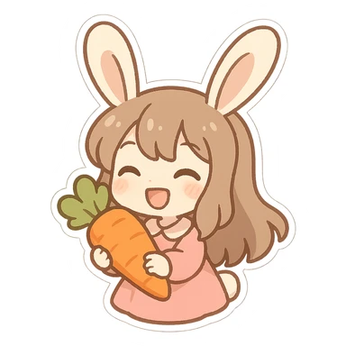 bunny girl with long ears and a carrot, cheerful and cute, chibi stickers style sticker