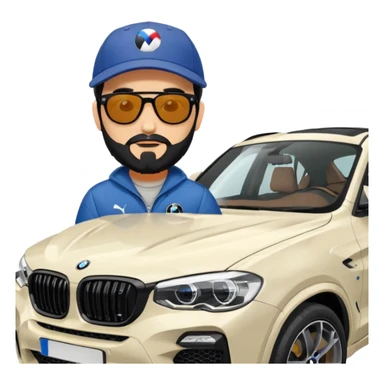 A man with black hair and beard sitting on top of the bonnet of a donnington grey BMW X4 M competition with sunglasses and a baseball cap on sticker