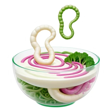 Ethereal bowl of bright white yogurt, translucent fermented vegetables, and golden bubbles gently floating around a luminous spiral intestine, vibrating in green and pink tones of balance and life. The scene shows probiotic foods connecting with and nourishing a glowing digestive system. sticker