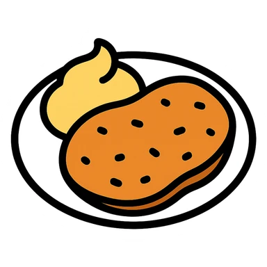 plato de milanesa con puré, el puré junto a la milanesa en el mismo plato, a modo de acompañamiento, icono colorido y simple sticker