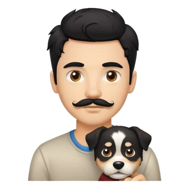 Young man with a light skin tone, messy black hair, a moustache and a pet dog sticker