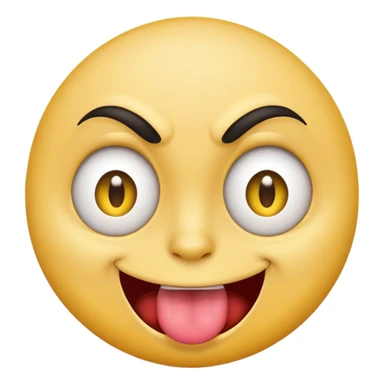 A yellow round face emoji smirking with its tounge out but the eyes are evil and kind of crazy and the eyebrows are turned  sticker