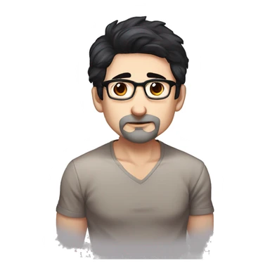 masterpiece, anime style, chibi, illustrated logo, emote for twitch of a 46 year old man, oval face, black hair, wrinkles on forehead, brown eyes, white skin, inky shirt, short hair, glasses, working in his computer
 sticker