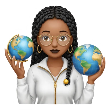 a young woman wearing fine gold round glasses and black hair in several box braids, no earrings, she has light black skin, and she's wearing a white shirt with a black quarterzip. She's holding a globe in one hand sticker