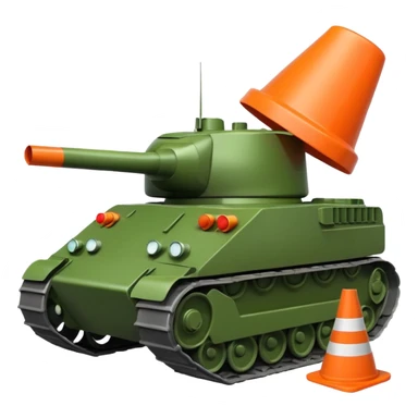 green military tank with an evil expression crushing a traffic cone with a sad face under its treads, emoji style sticker