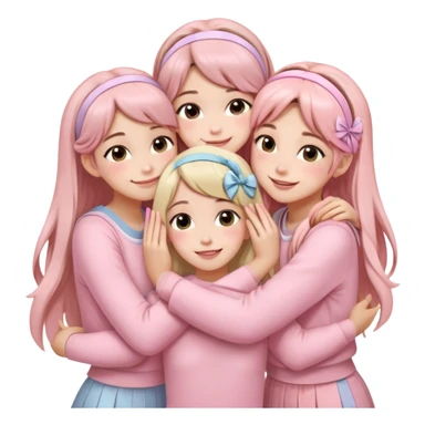 Four girls hugging each other, all wearing soft pink clothes, two with long hair and two with shoulder-length short hair, smiling, with hair accessories like headbands or ribbons, pastel color palette, soft shading, make someone pose with two fingers and someone kisses his cheek sticker