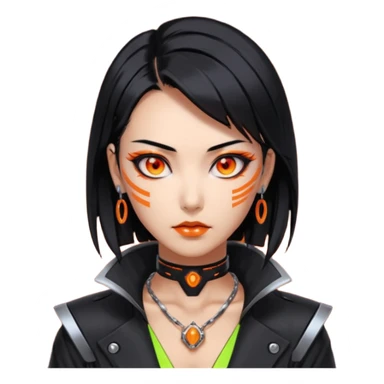 Cyberpunk Japanese woman, mid-50s looking young, sharp features, sleek black hair, glowing orange eyes, expensive tech jewelry, vengeful expression, neon highlights, dark background. sticker