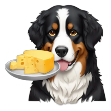 A Bernese mountain dog eating a cheese fondue sticker