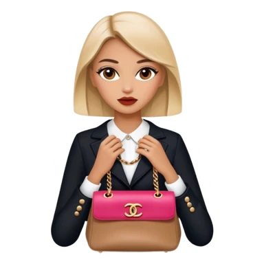 fashionable girl with Chanel and Dior bags in her hands, iOS 18 emoji style, minimalistic and modern, no text sticker
