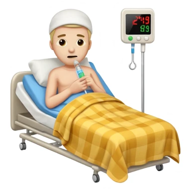 man sick in hospital bed full body thermometer in mouth emoji style blanket covering him sticker