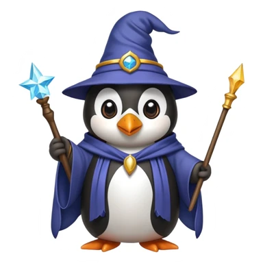 Penguin wearing wizard hat and robe holding a magic wand sticker