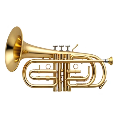 Create a sleek and professional emoji representing a Stomvi trumpet. The design should showcase the shiny, polished brass body of the trumpet with its distinct bell, valves, and tuning slides. Highlight the intricate keywork and the valve pistons, with detailed metallic accents and subtle reflections on the surface. The mouthpiece should be visible at the top of the instrument. Use golden and brass tones with light reflections to emphasize the smooth, high-quality finish. Add a few musical notes floating around the trumpet to evoke its bright and resonant sound. The background should be transparent. sticker