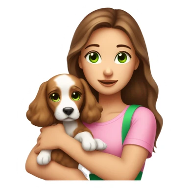 Pretty girl with long brown hair with green eyes and long lashes holding a very cute puppy show her whole upper body and let her wear a cute pink top sticker