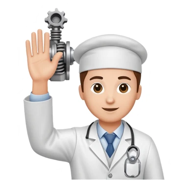 employee holding a car engine part in one arm, waving right hand, wearing a white lab coat sticker