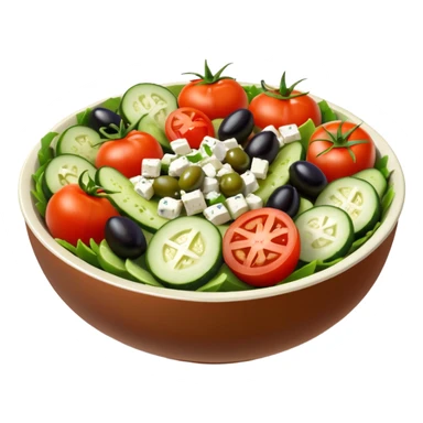 mediterranean salad bowl object icon, tomatoes, cucumbers, olives, feta cheese, olive oil dressing, 3D cartoon, mobile game icon style, clean background, no text, no watermark
 sticker