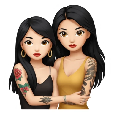  2 glamorous asian girl bff with left arm tattoos, false lashes, and long black hair sticker