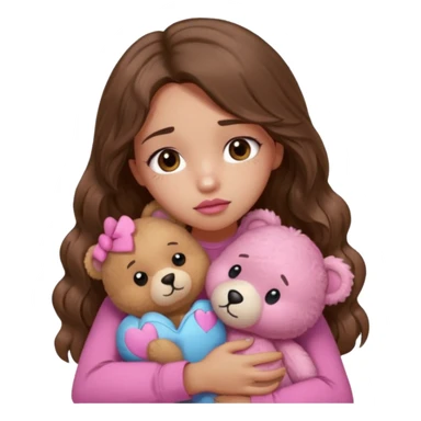 girl with long wavy brown hair, brown eyes, light to medium complexion, in a pink shirt, pink lips, long lashes, sad, hugging squeezing a teddy bear with bandaid hearts sticker