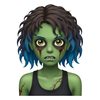 Crie um emoji de uma garota zumbi com a pele verde, como deste emoji "🧟‍♀️". Põem com uma regata de cor preta, os cabelos castanhos na altura do ombro e picotado, liso na raiz e cacheado nas pontas e com mechas azuis sticker