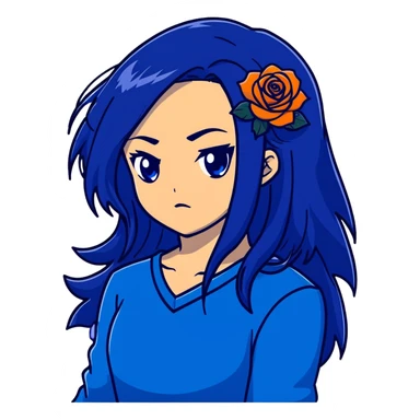 head portrait of anime girl with long dark blue hair, blue rose in hair, intense glaring blue eyes, dramatic JoJo's Bizarre Adventure style expression, sharp angular features, extreme close-up, dynamic pose sticker
