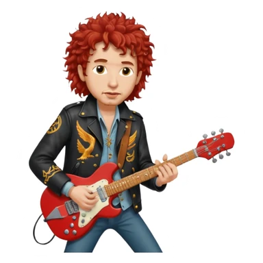 realistic cinematic Bob Dylan, unshaven and long haired, in a motor jacket embroidered with bronze cranes, plays an electric guitar, his long curly hair is red from the spotlights sticker