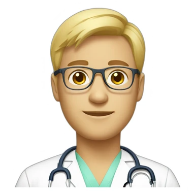 male doctor with short blond hair, clear yellow glasses, and scrubs profile pic sticker